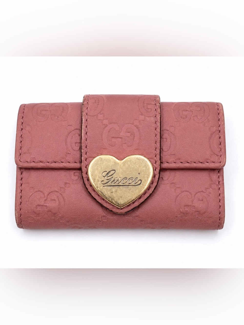 Authentic Gucci Guccissima Pink 6-Ring Key Case Heart Logo Leather Wallet
